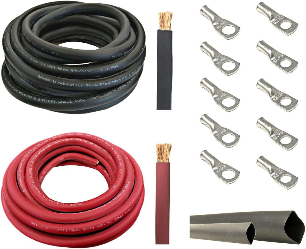 1/0 AWG 10 Feet Black Pure Copper Flexible Cable with Copper Cable Lug Terminal Connectors and Heat Shrink Tubing J15220