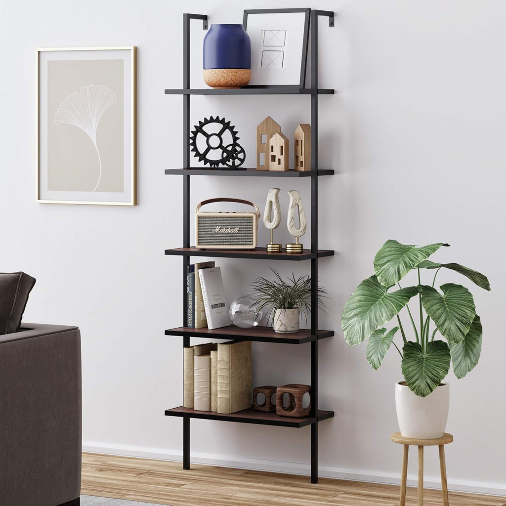 6-Shelf Tall Bookcase with Reclaimed Wood and Industrial Metal Frame, Oak/Black J6688
