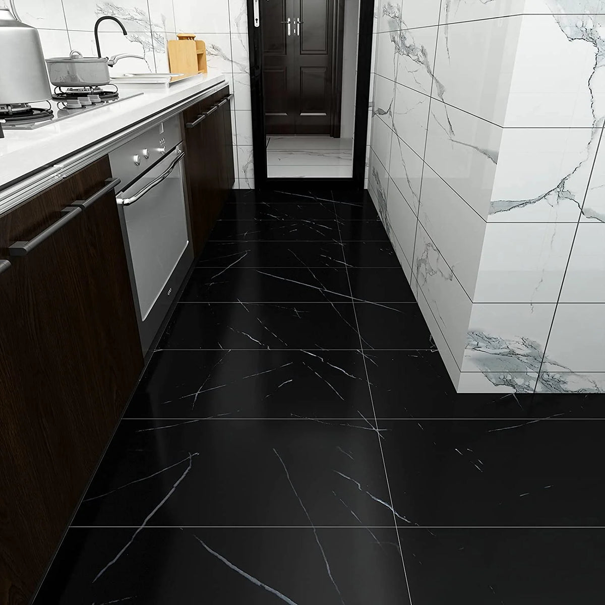 24-Pack Peel and Stick Vinyl Floor Tile 12"x24" Black Marble S3081