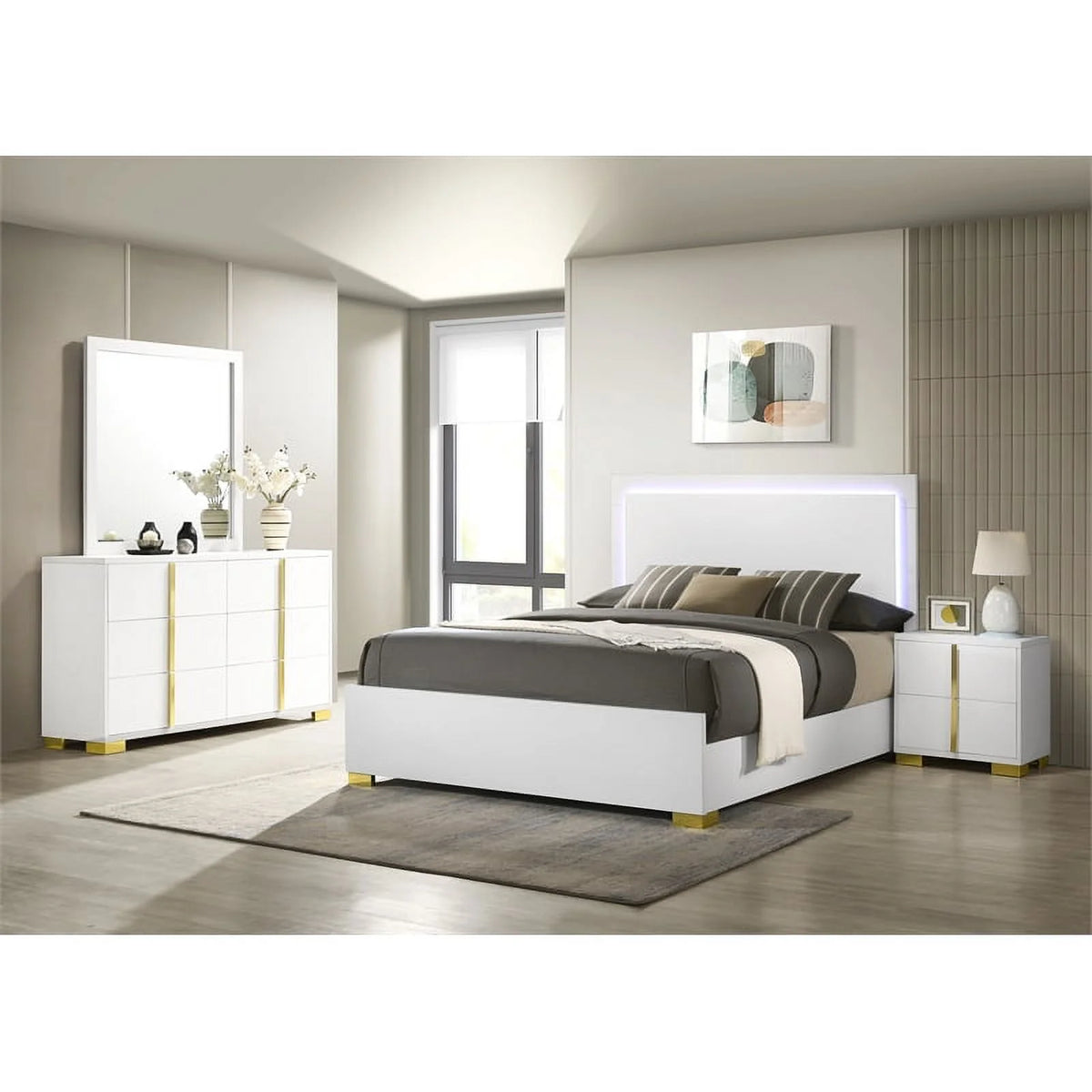 4-piece Contemporary Wood Full Bedroom Set White and Gold W127248