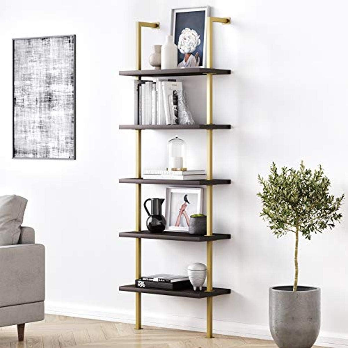 6-Shelf Tall Bookcase with Reclaimed Wood and Industrial Metal Frame, Oak/Black J6688