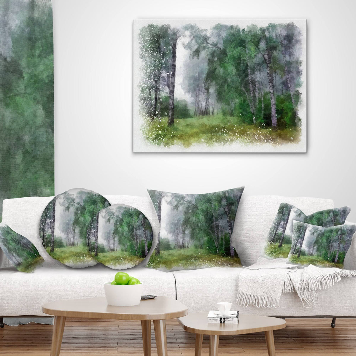 Green Forest Watercolor Drawing Large Landscape Canvas Art 32 in. Wide x 16 in. High X2704