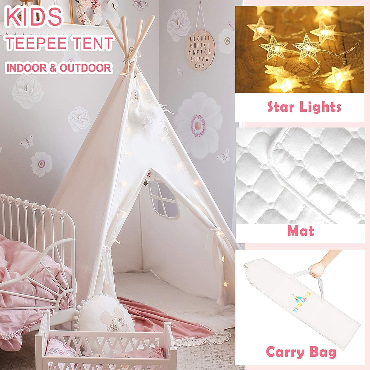 White Canvas Kids Teepee Tent with Padded Mat & Carry Case H852