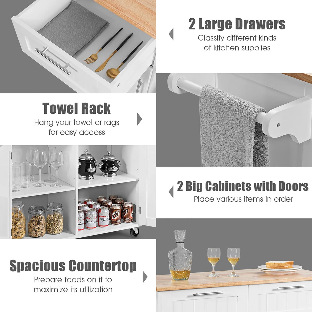 White Wood Rolling Kitchen Cart V676215