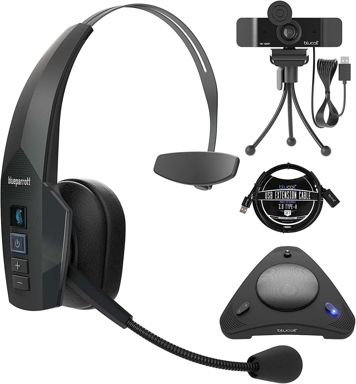 Noise Canceling Bluetooth Headset Bundle with USB Webcam and Conference Speakerphone O823