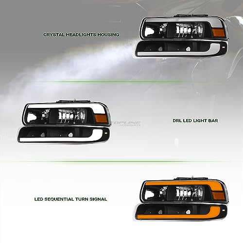 Sequential LED Strip Tube Bar Black Housing Crystal Headlights With Signal Bumper Lamps Amber Reflector 4-Pieces M992388