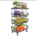 Black Metal Wire 4 Tier Fruit Vegetable Storage Basket with Wheels E212