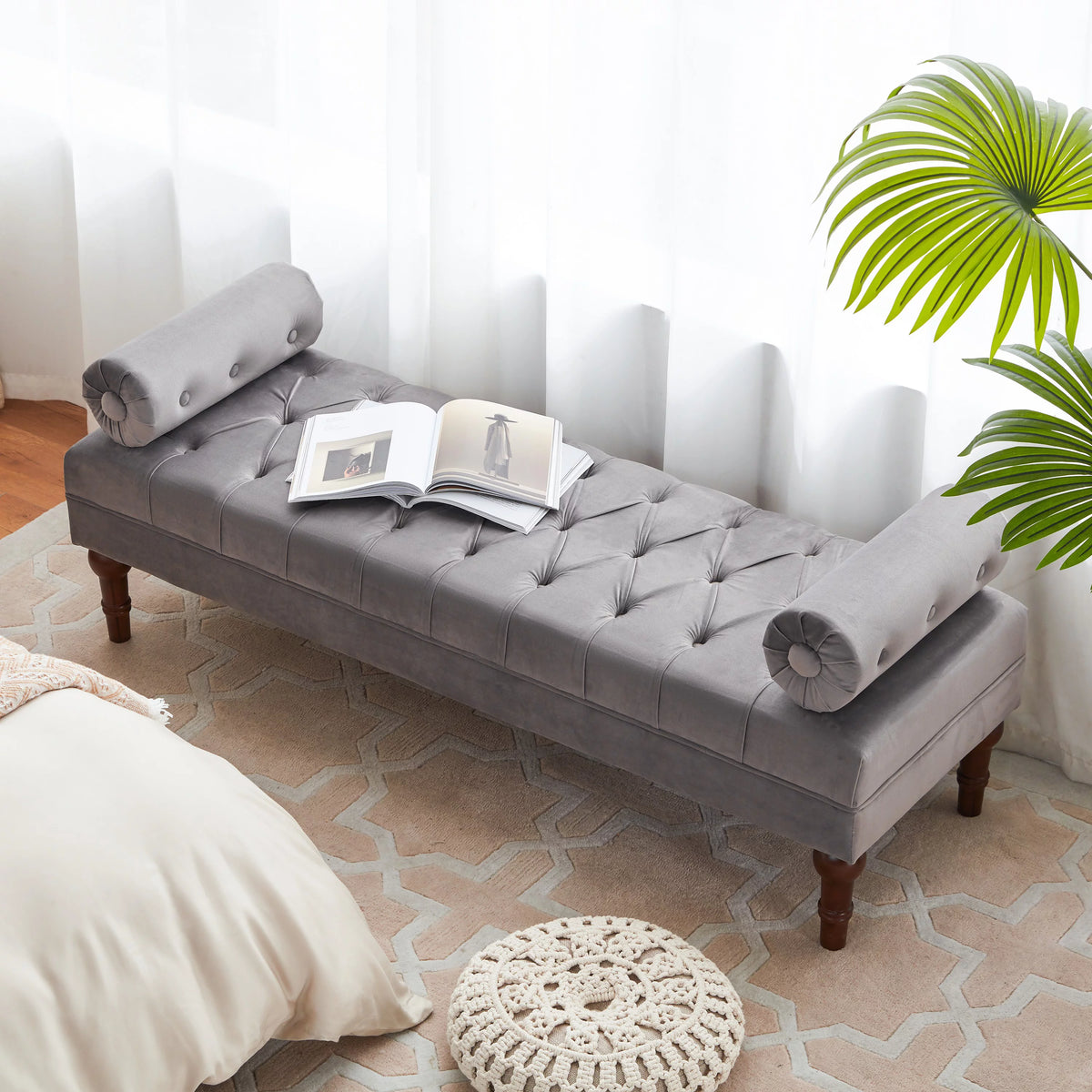 60.2 Inch Grey Tufted Upholstered Bench with 2 Pillows Q163622