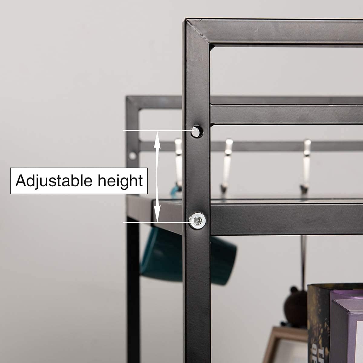 3-Tier Adjustable Heavy Duty Microwave Rack with 3 Hooks Carbon Steel Matte Black O62582