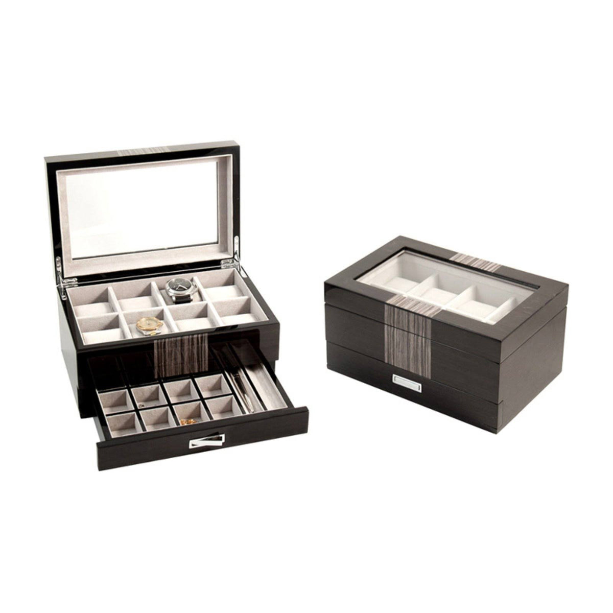 Lacquered Wenge Wood 8 Watch Box with Glass Top F907885