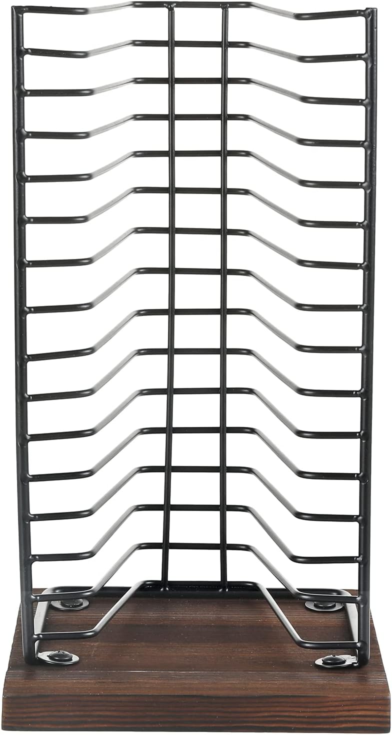 Matte Black Metal Wire Vertical CD Holder with Burnt Wood Base, Holds 15 Jewel Cases U6598