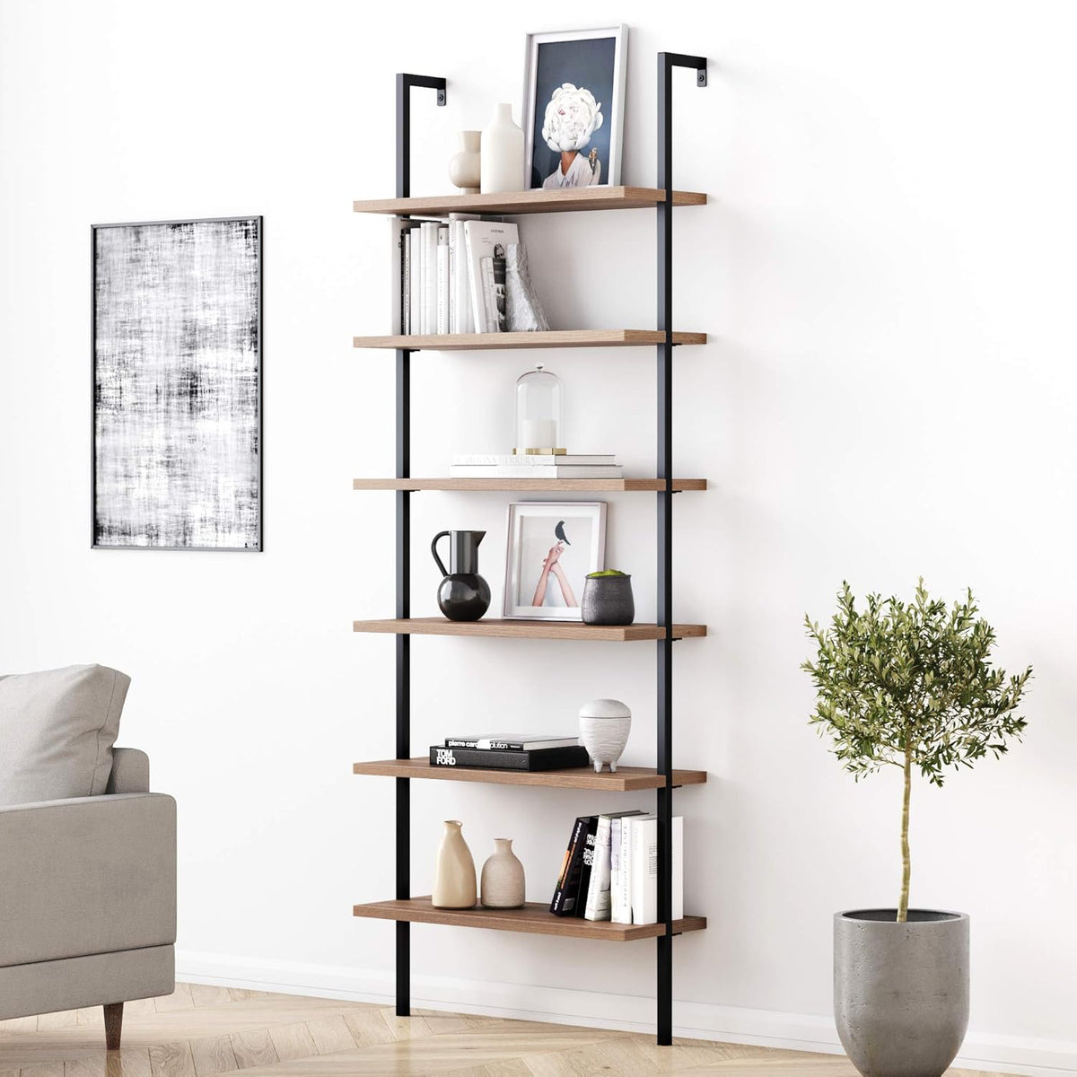 6-Shelf Tall Bookcase with Reclaimed Wood and Industrial Metal Frame, Oak/Black J6688
