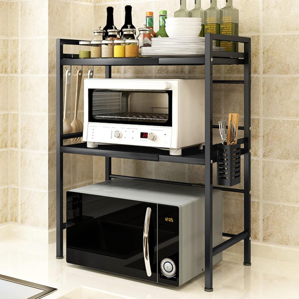 3-Tier Adjustable Heavy Duty Microwave Rack with 3 Hooks Carbon Steel Matte Black O62582