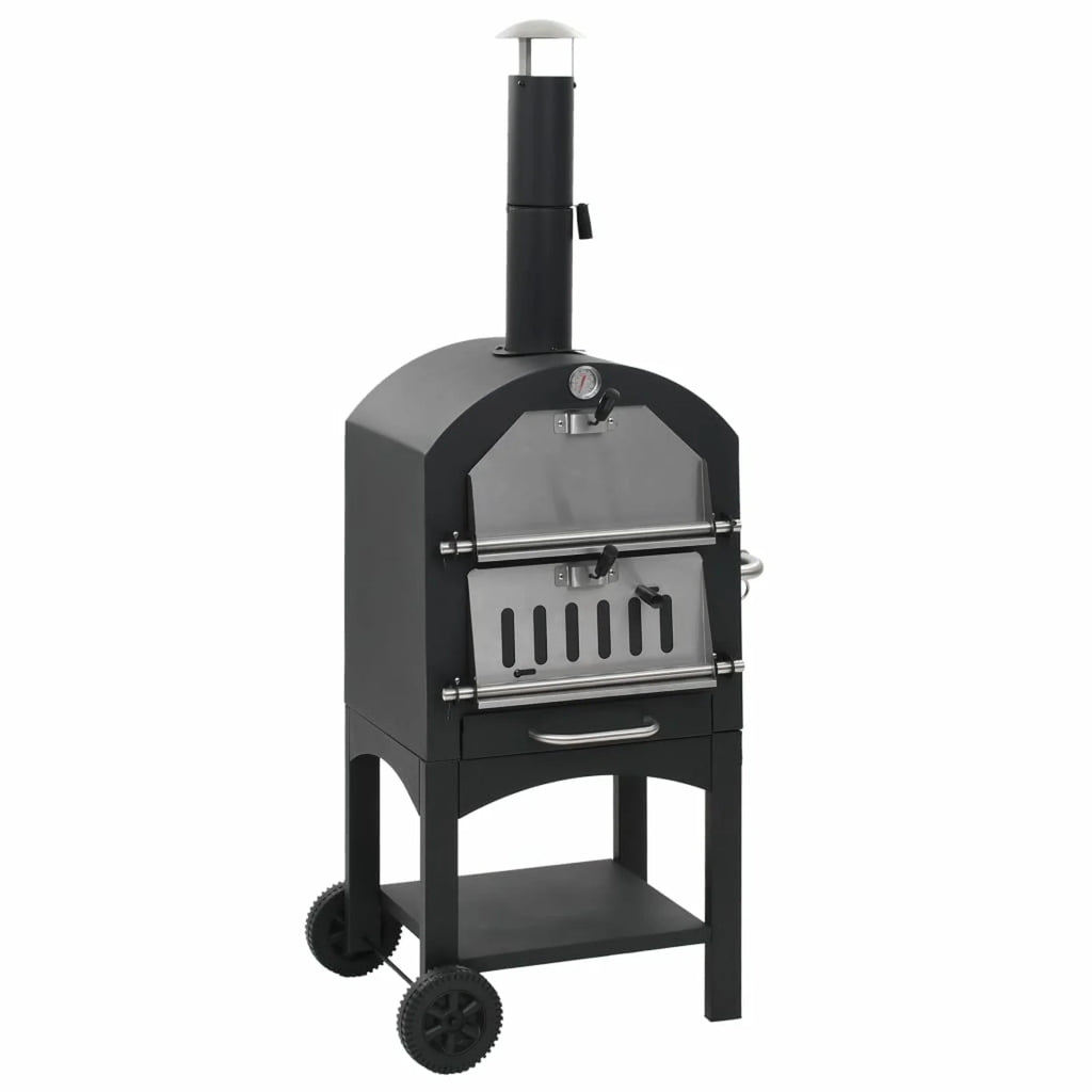 Charcoal Fired BBQ Grill Pizza Oven with Bottom Shelf and Fire Tray Wheeled Steel P9125