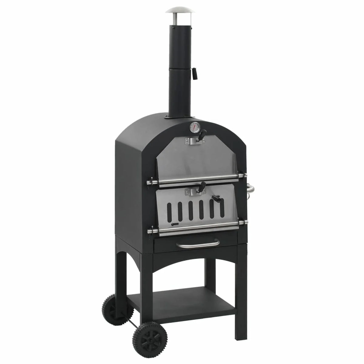 Charcoal Fired BBQ Grill Pizza Oven with Bottom Shelf and Fire Tray Wheeled Steel P9125