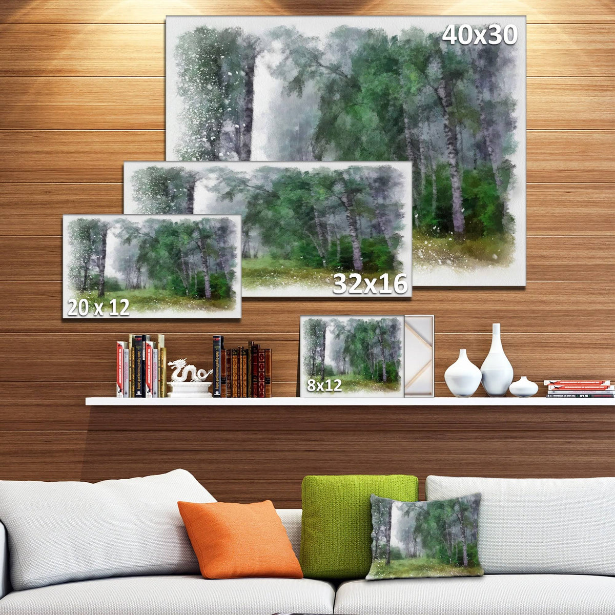 Green Forest Watercolor Drawing Large Landscape Canvas Art 32 in. Wide x 16 in. High X2704