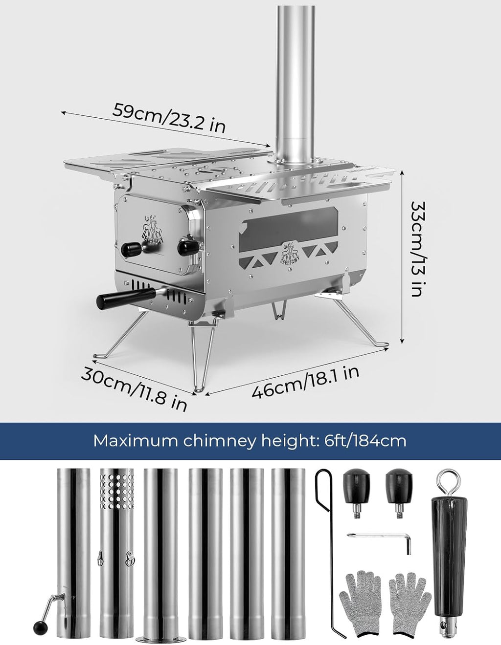 Portable Stainless Steel Tent Stove with 6 Chimney Pipes Y859483