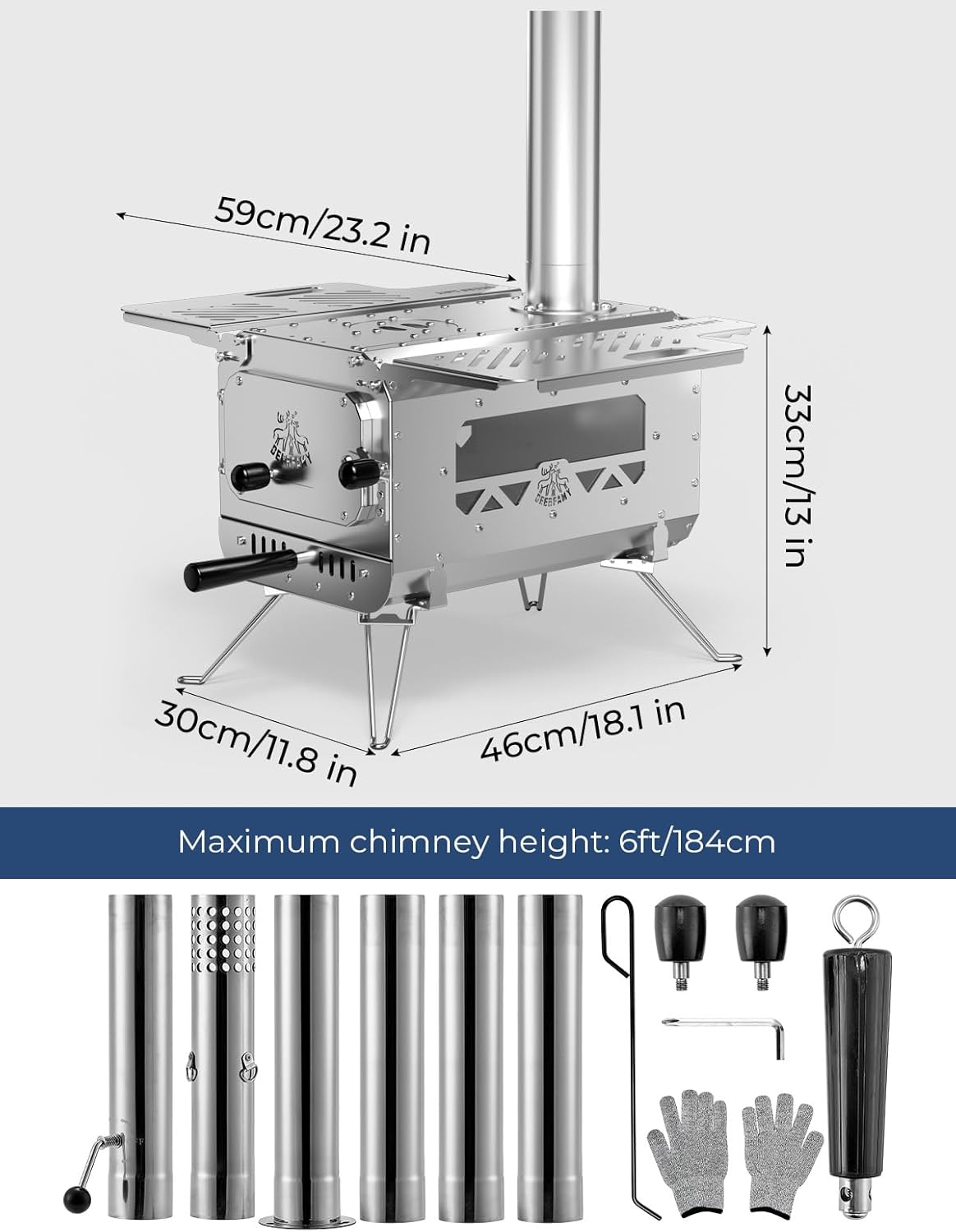 Portable Stainless Steel Tent Stove with 6 Chimney Pipes Y859483