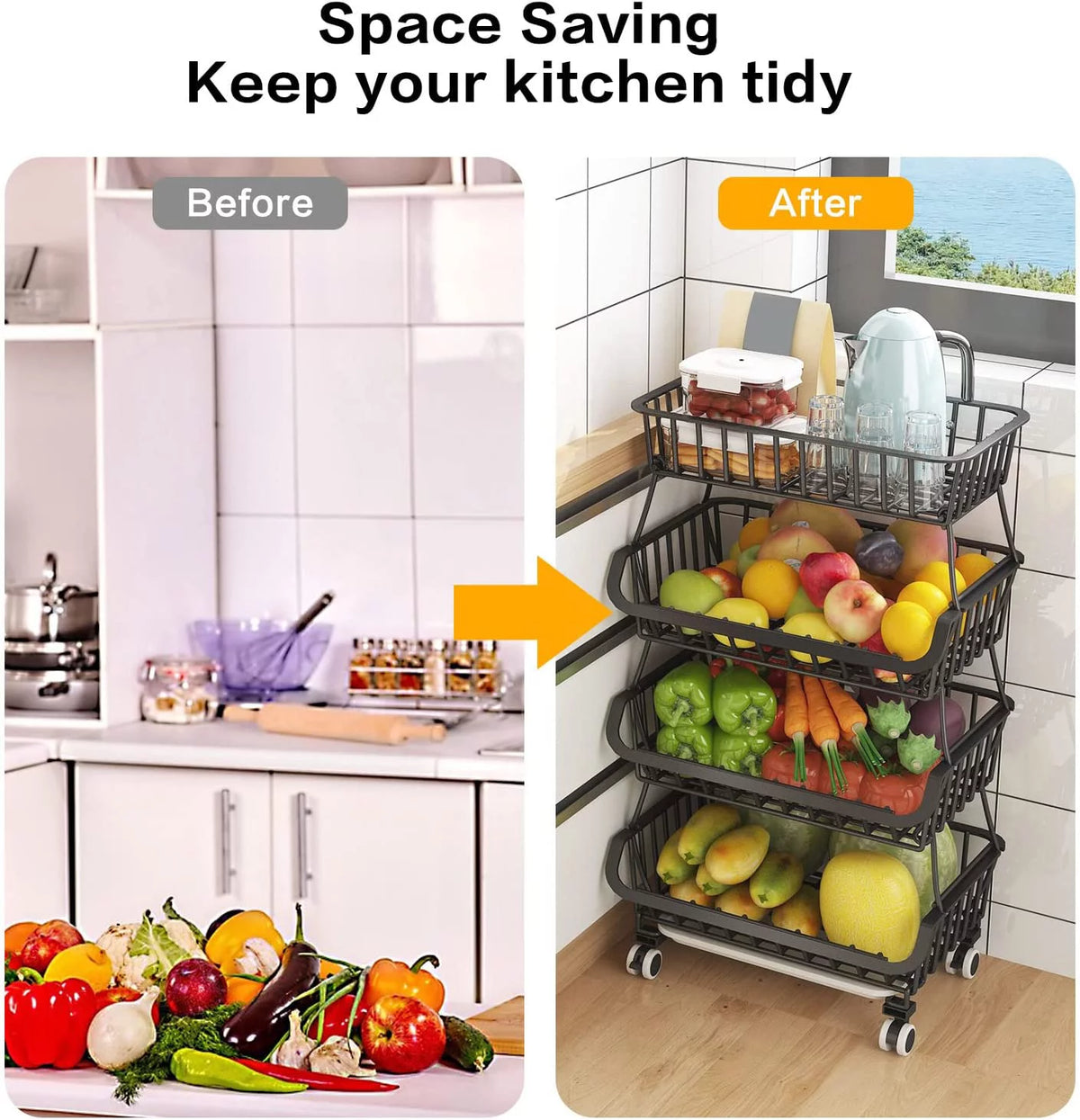 Black Metal Wire 4 Tier Fruit Vegetable Storage Basket with Wheels E212