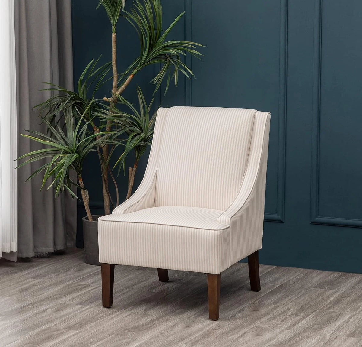 Cream and White Stripe Fabric Accent Chair with Wood Legs C2243