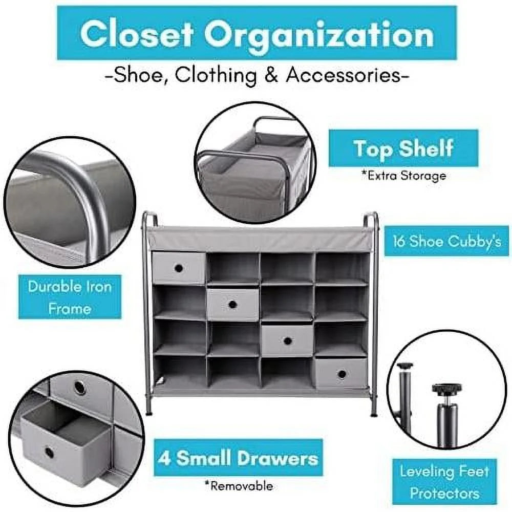 Grey 16 Cubby Shoe Rack Organizer with 4 Drawers B594