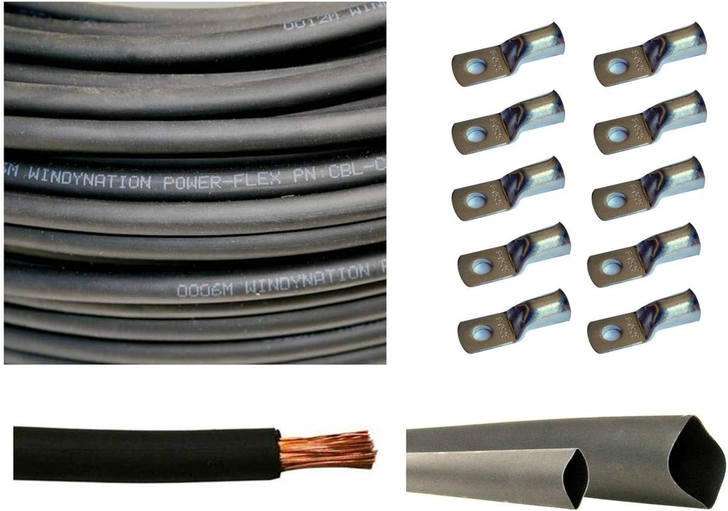 1/0 AWG 10 Feet Black Pure Copper Flexible Cable with Copper Cable Lug Terminal Connectors and Heat Shrink Tubing J15220