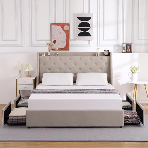 Full Size Upholstered Platform Bed with Button Tufted Storage Headboard and 4 Storage Drawers X233054