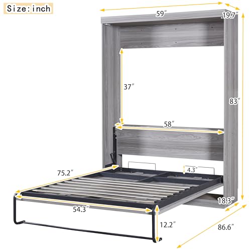Gray Full Size Wood Murphy Bed with Shelves I8059