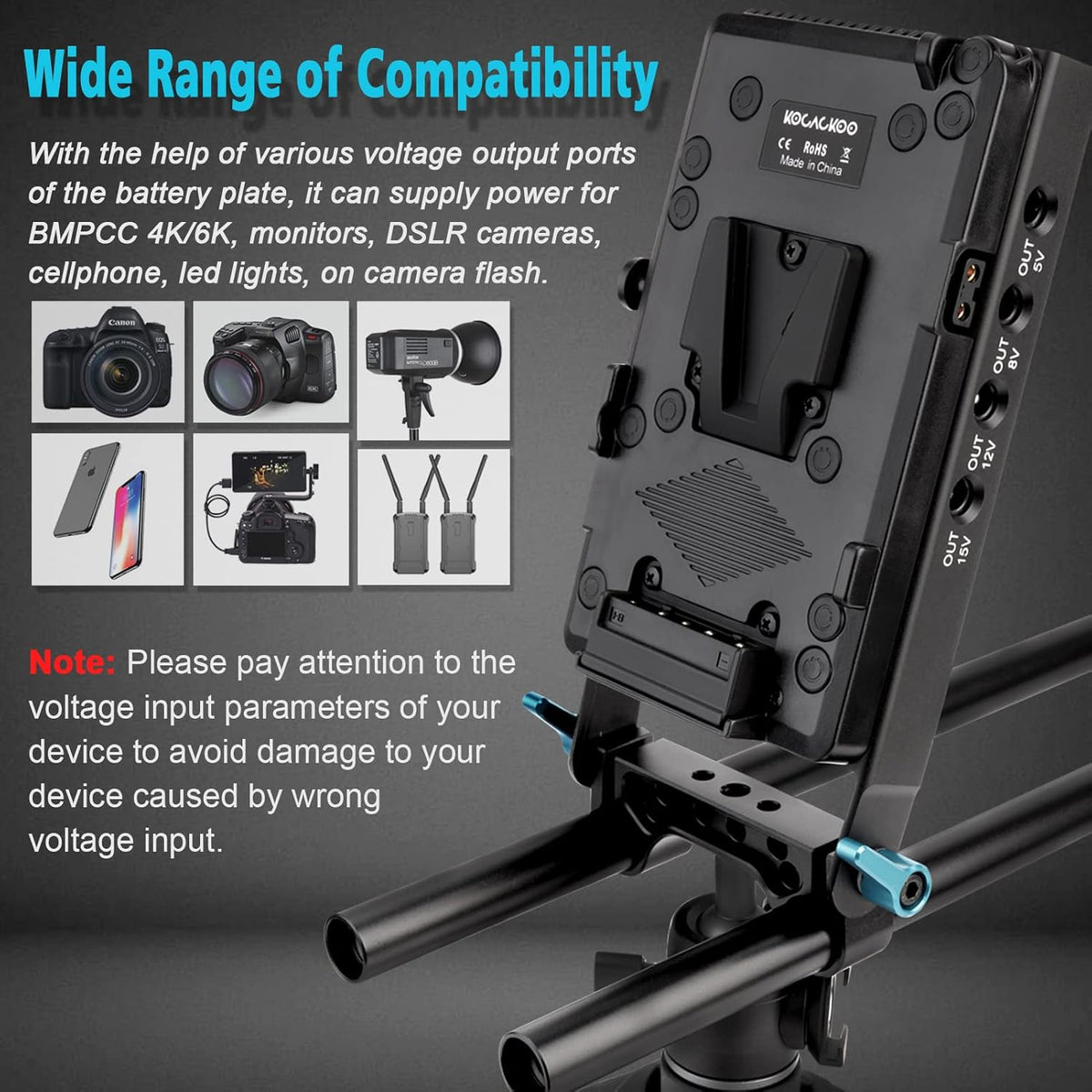 V-Mount Lock Battery Plate Power Supply Splitter Adapter with 15mm Rod Clamp E705426