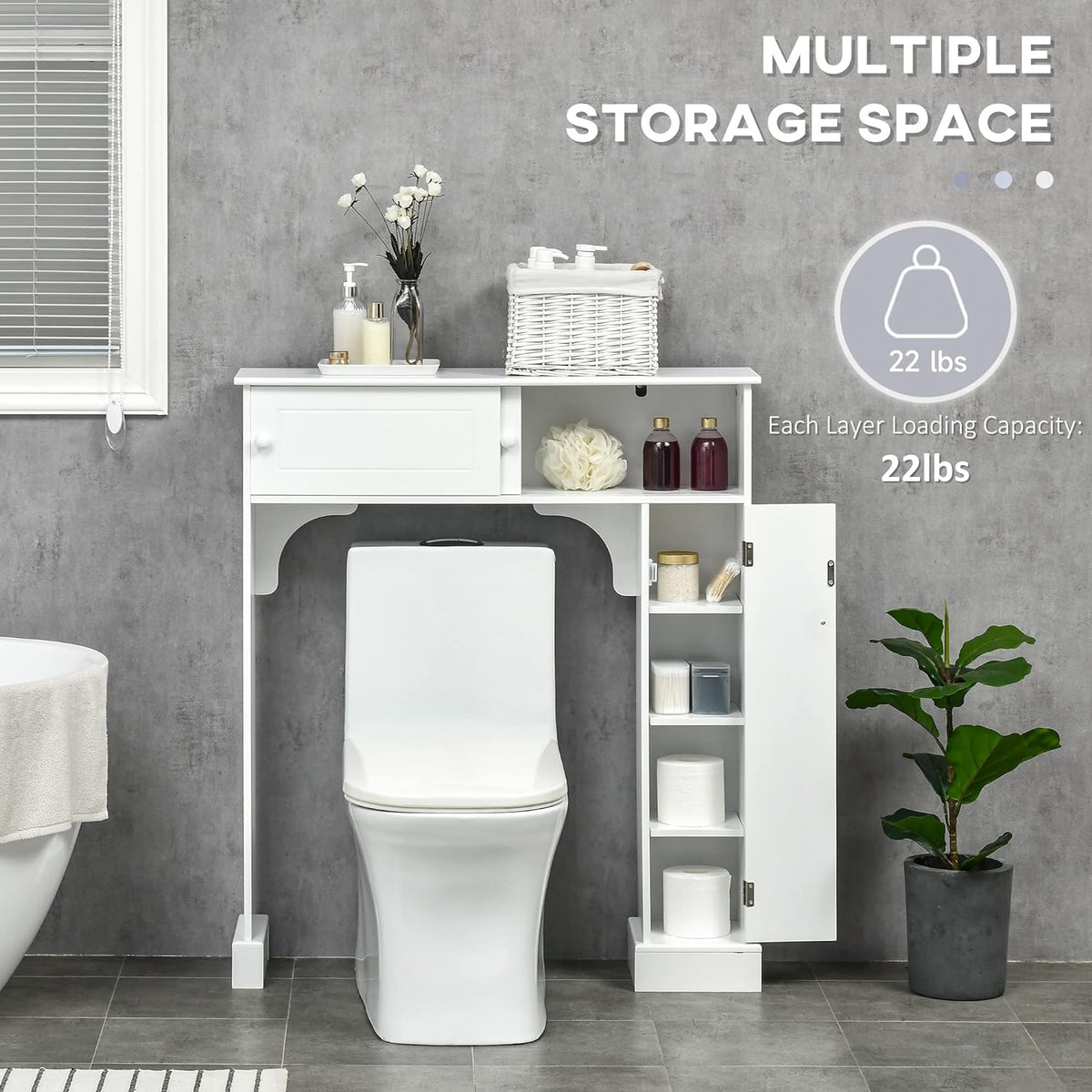 White Freestanding Over The Toilet Bathroom Cabinet with Adjustable Shelves K873