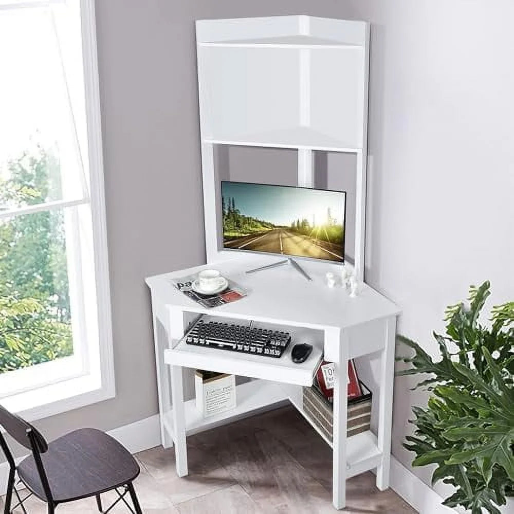 White Corner Desk with Hutch and Keyboard Tray I64277