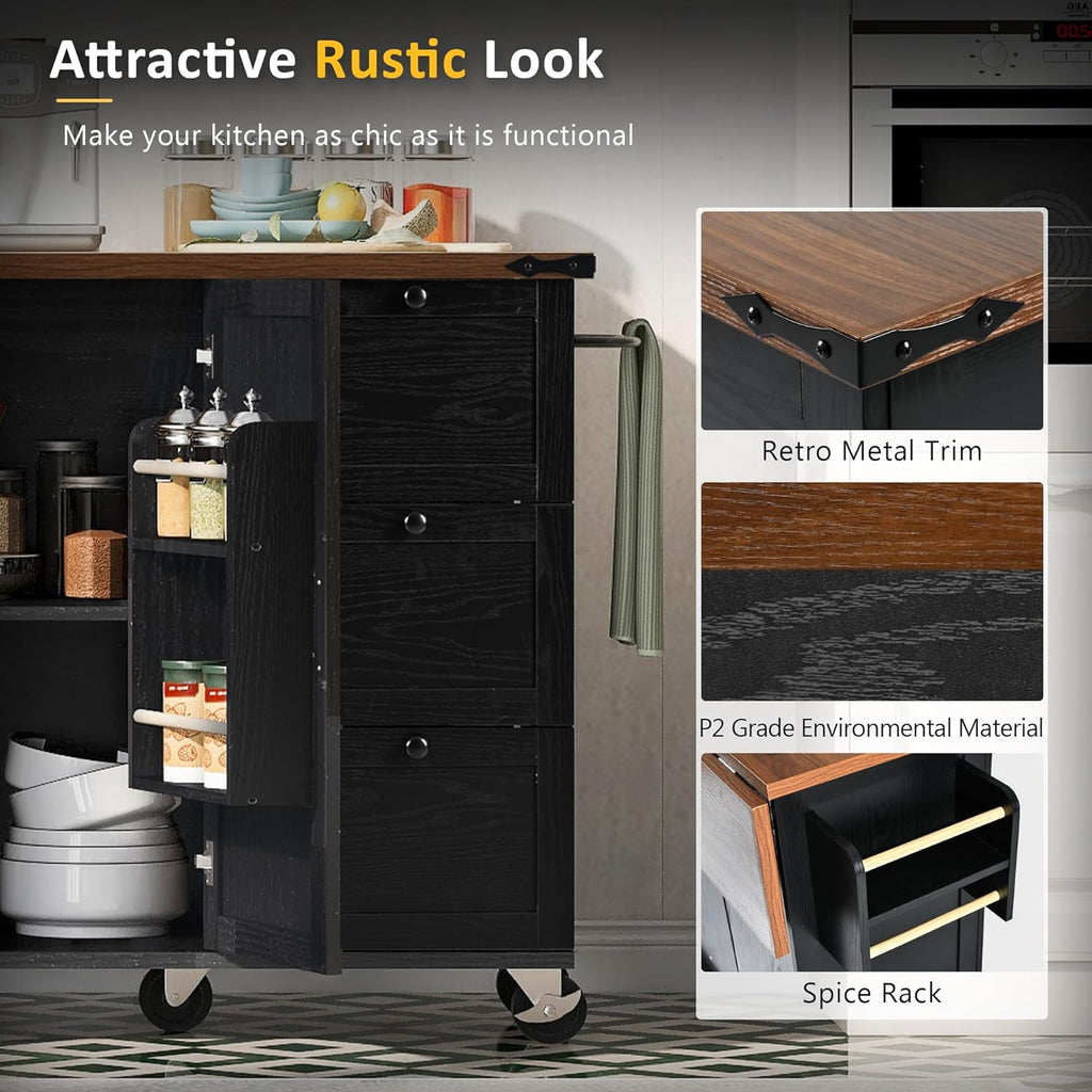 Black Kitchen Island with Power Outlet and Drop Leaf E50398