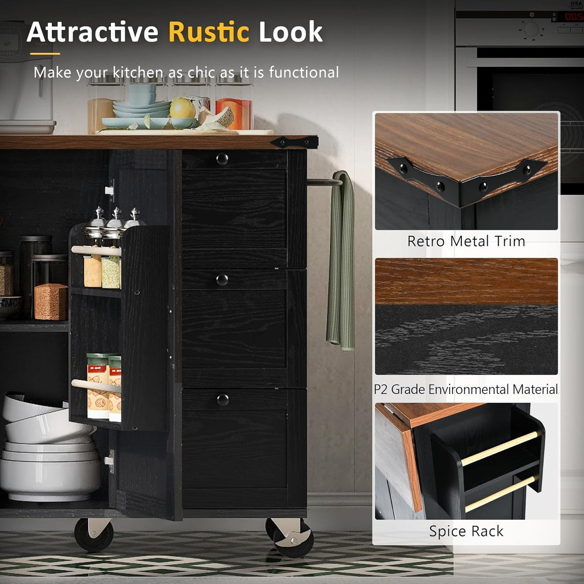 Black Kitchen Island with Power Outlet and Drop Leaf E50398