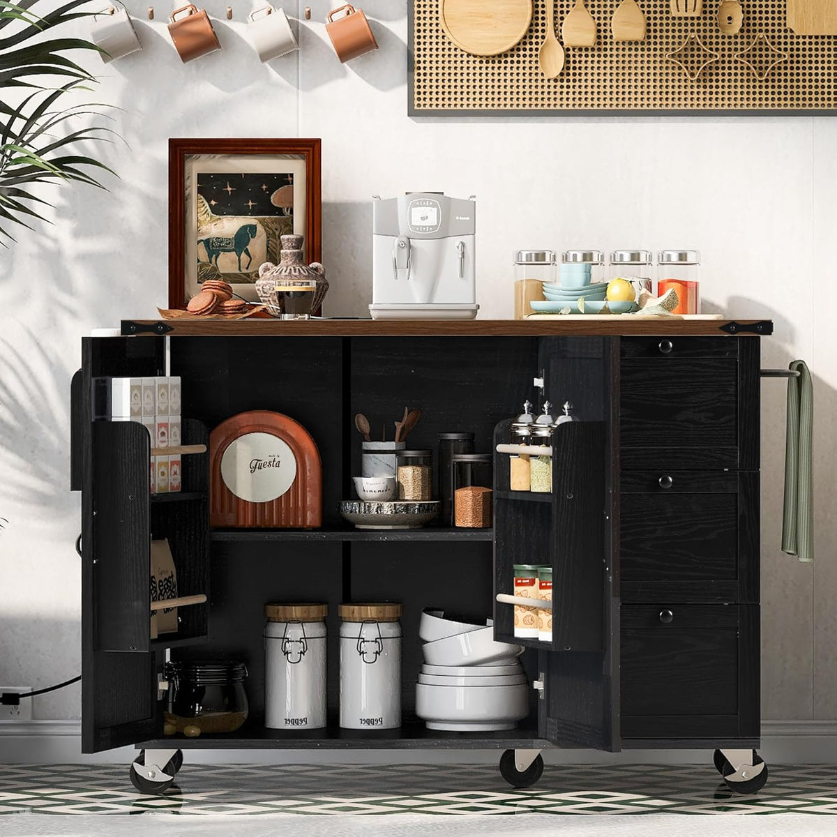 Black Kitchen Island with Power Outlet and Drop Leaf E50398