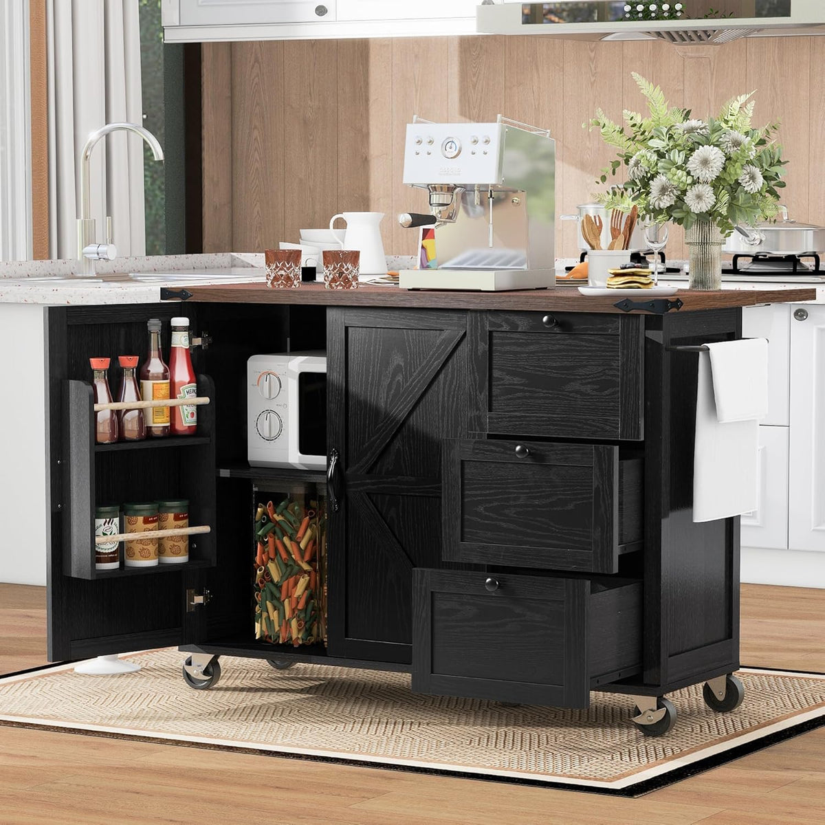 Black Kitchen Island with Power Outlet and Drop Leaf E50398