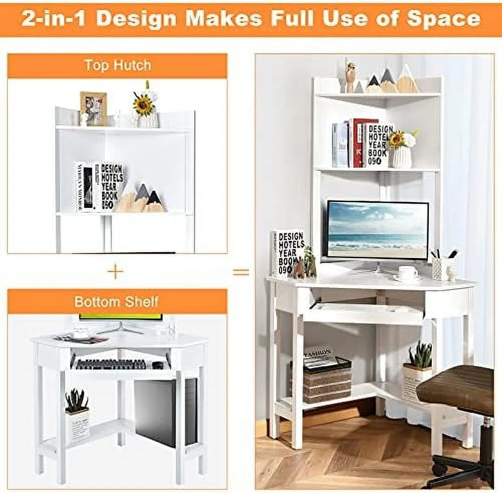 White Corner Desk with Hutch and Keyboard Tray I64277