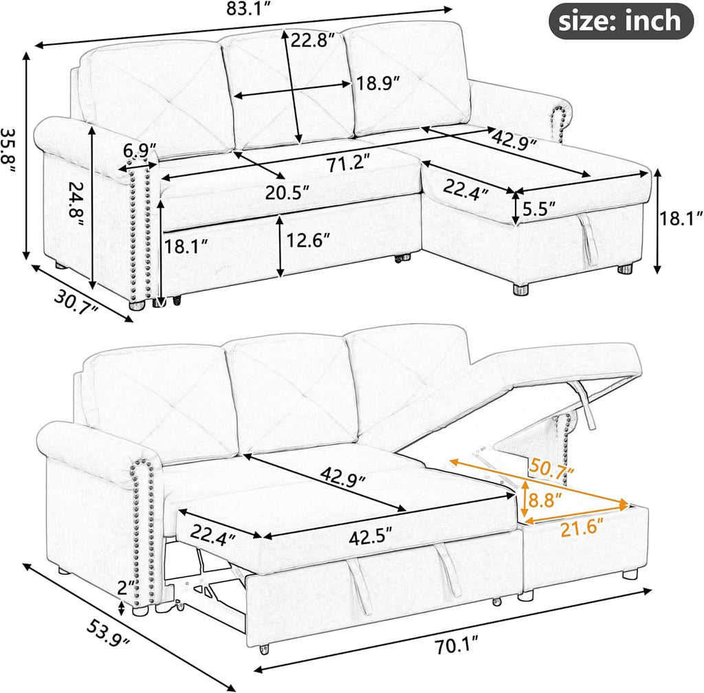 Gray Modular Convertible Sleeper Sofa Bed with Storage Chaise K611122