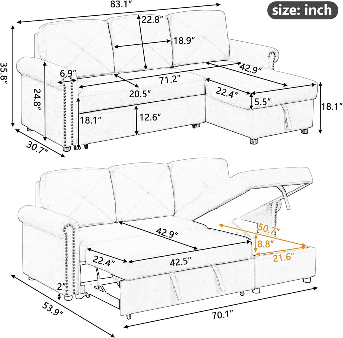 Gray Modular Convertible Sleeper Sofa Bed with Storage Chaise K611122