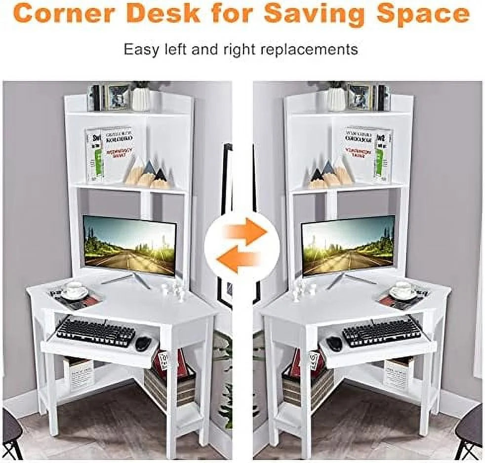 White Corner Desk with Hutch and Keyboard Tray I64277