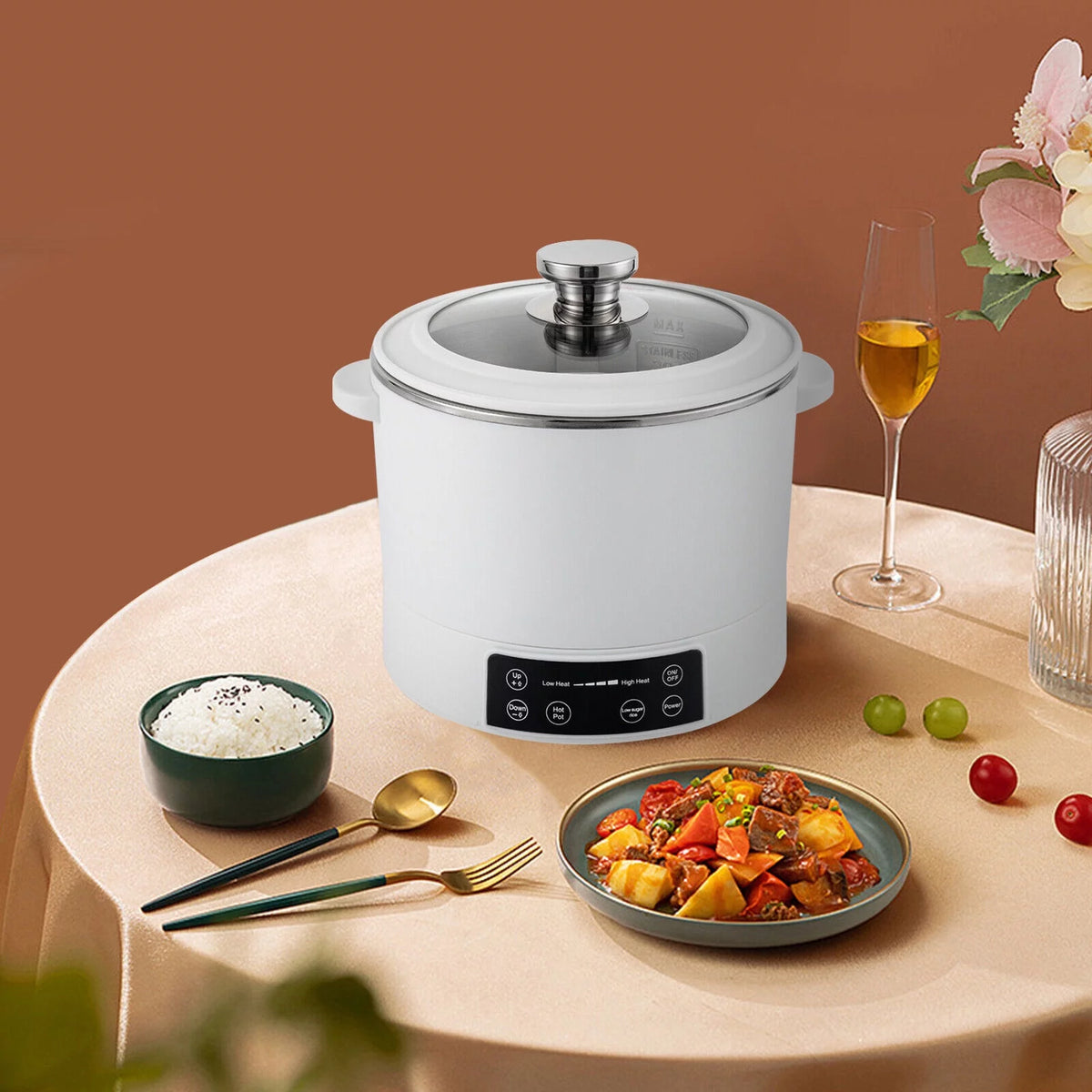 3L Automatic Lifting Electric Hot Pot with Steaming Basket 304 Stainless Steel E378364