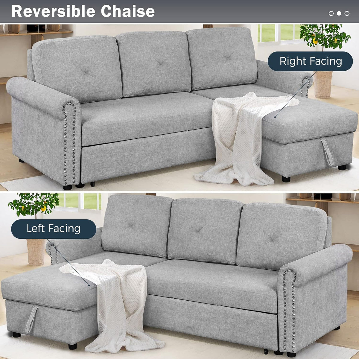 Gray Modular Convertible Sleeper Sofa Bed with Storage Chaise K611122