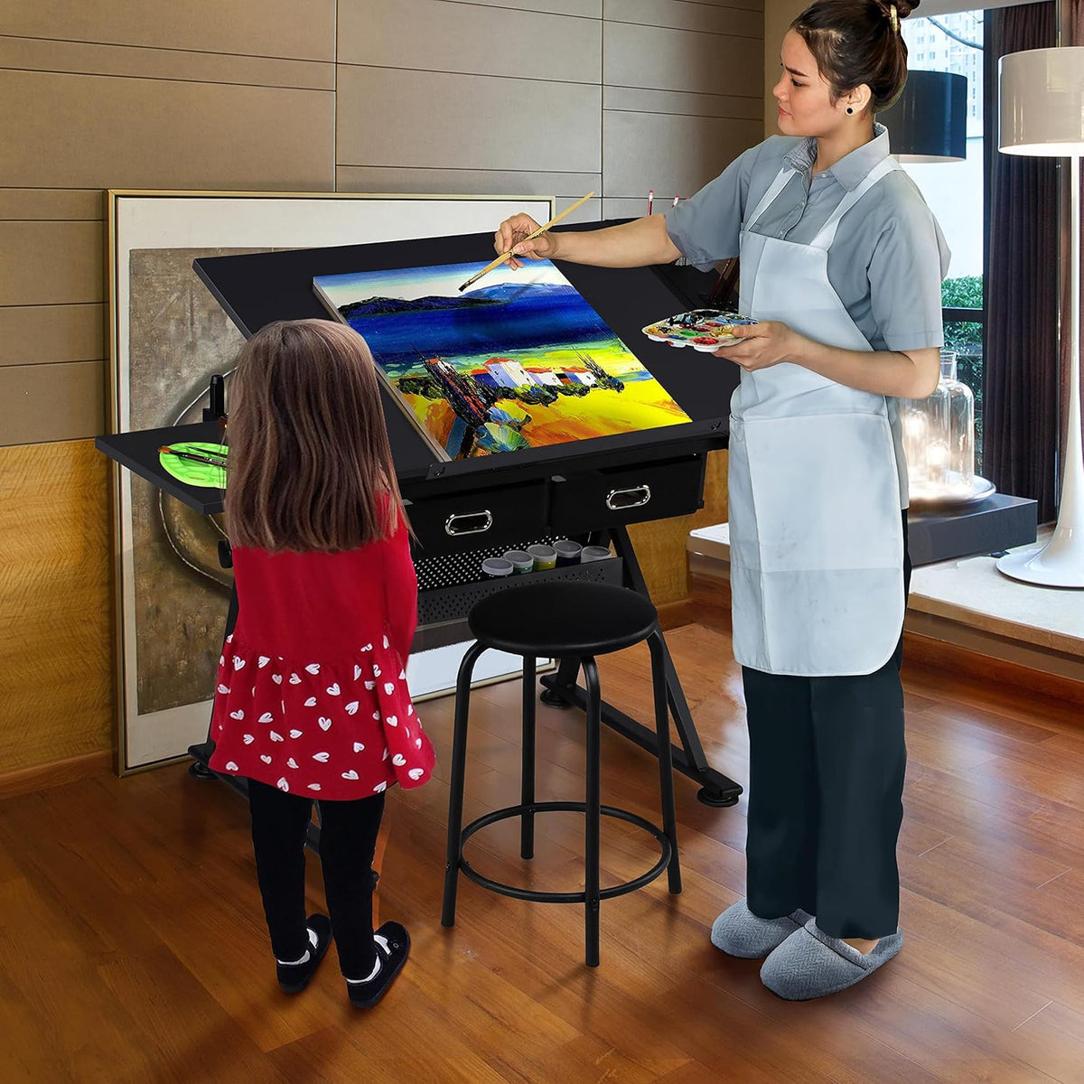 Height Adjustable Drafting Desk with Tiltable Tabletop and 2 Storage Drawers W2731