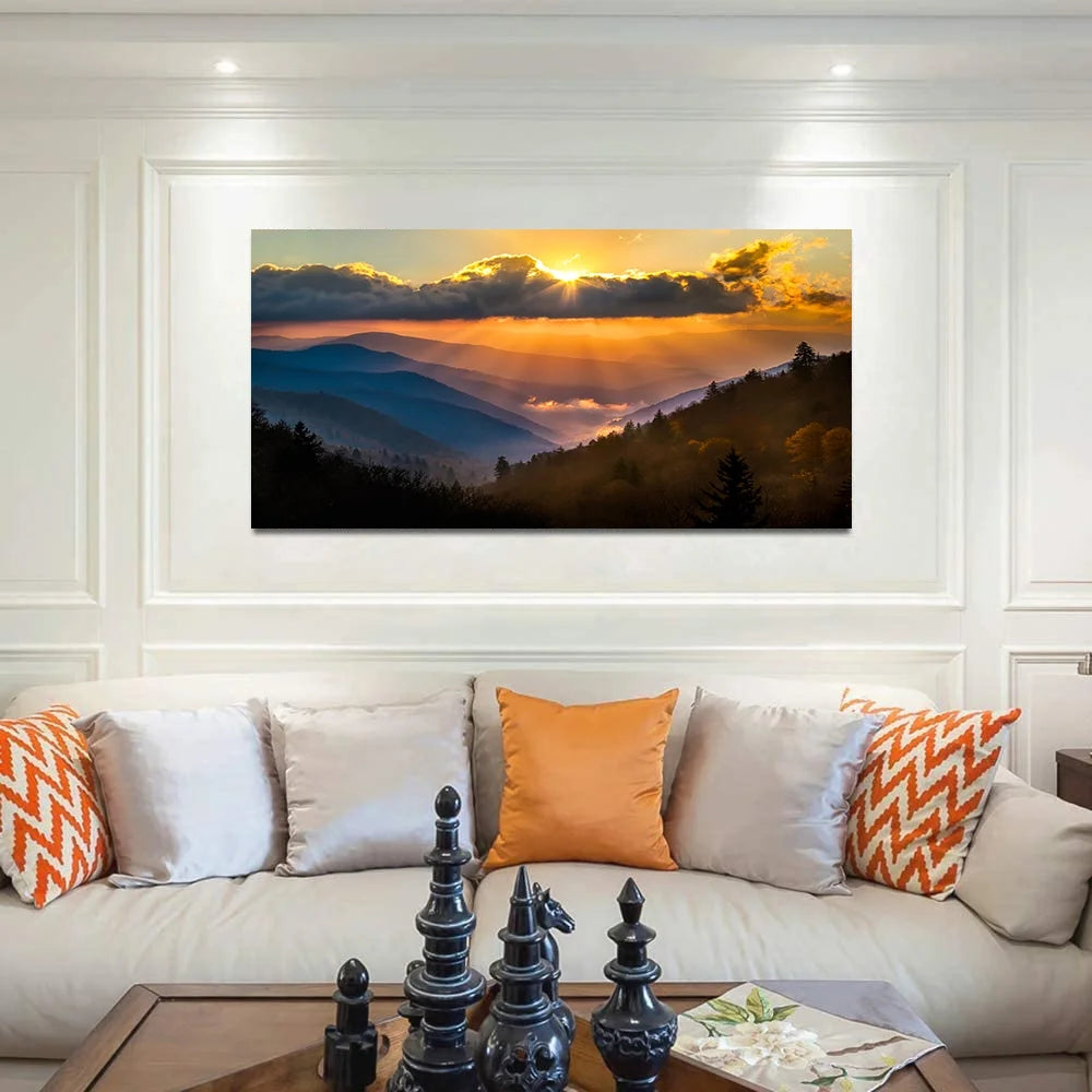 Sunrise Over Blue Ridge Mountains Scenic Painting Gallery Wrapped Canvas Art Q128748