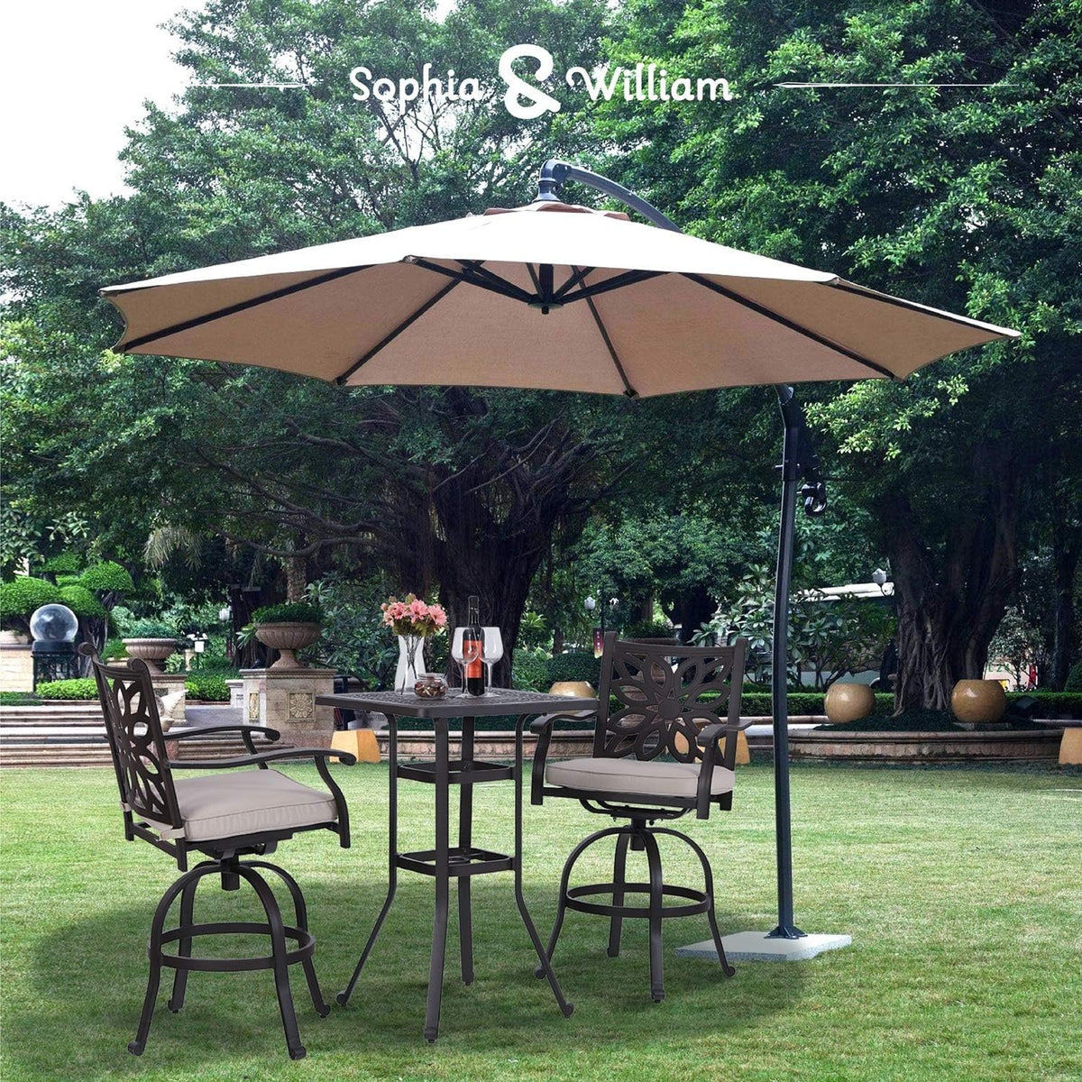3 Pieces Cast Aluminum Bar Set with 2 Swivel Bar Height Chairs and 1 Square Table G766239