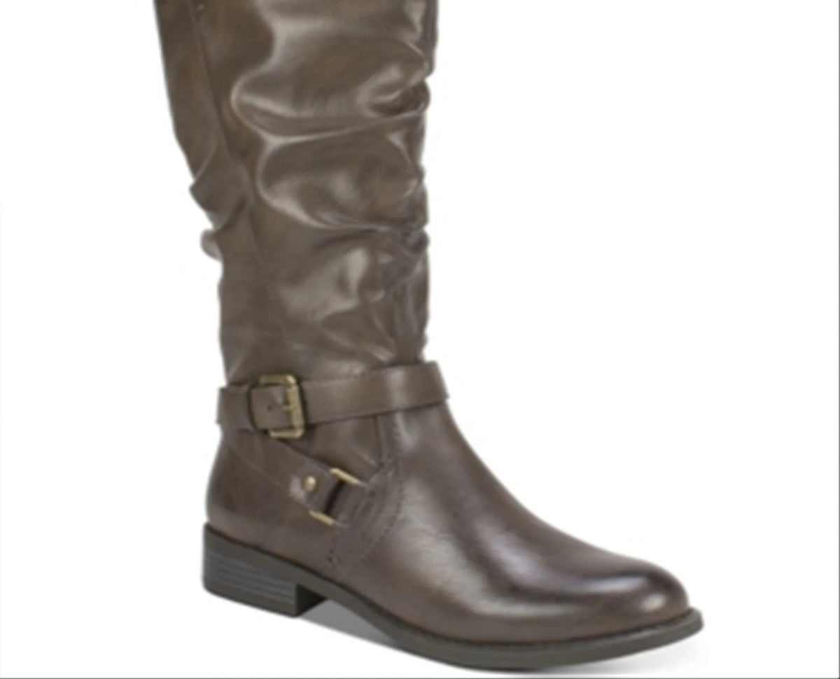 Brown Crisscross Straps Stretch Gore Cushioned Studded Buckle Accent Almond Toe Block Heel Zip-Up Riding Boot A319981