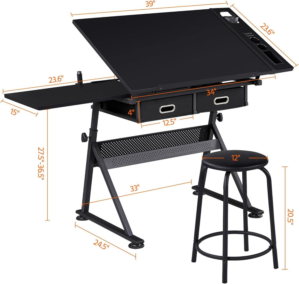 Height Adjustable Drafting Desk with Tiltable Tabletop and 2 Storage Drawers W2731