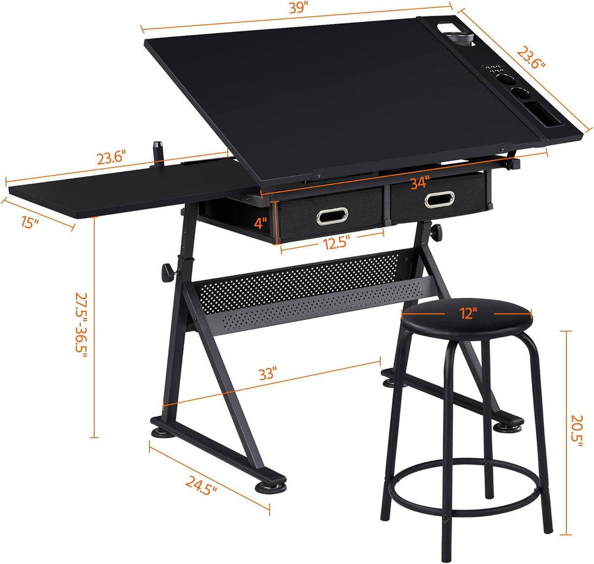 Height Adjustable Drafting Desk with Tiltable Tabletop and 2 Storage Drawers W2731