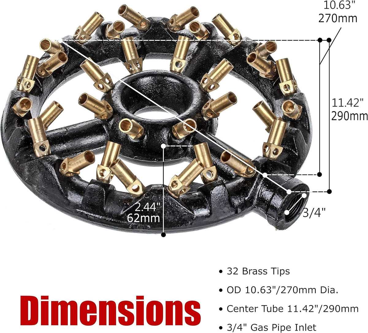 Cast Iron Round Nozzle Jet Burner with 32 Brass Tips, 160,000 BTU S23110
