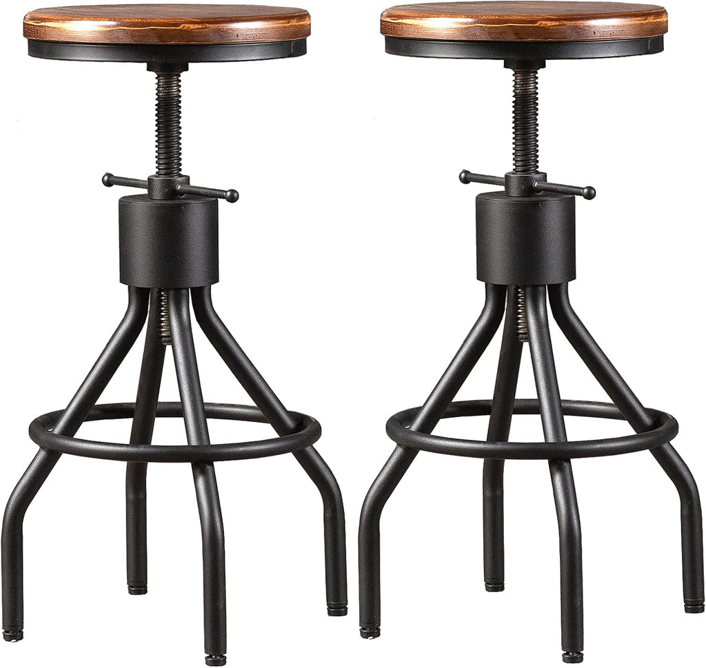Set of 2 Adjustable Round Wood Metal Swivel Bar Stool S741