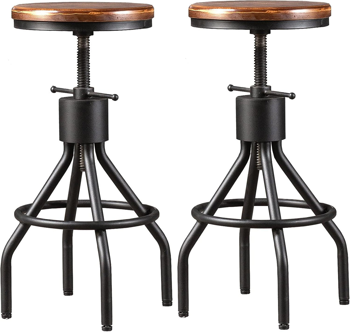 Set of 2 Adjustable Round Wood Metal Swivel Bar Stool S741